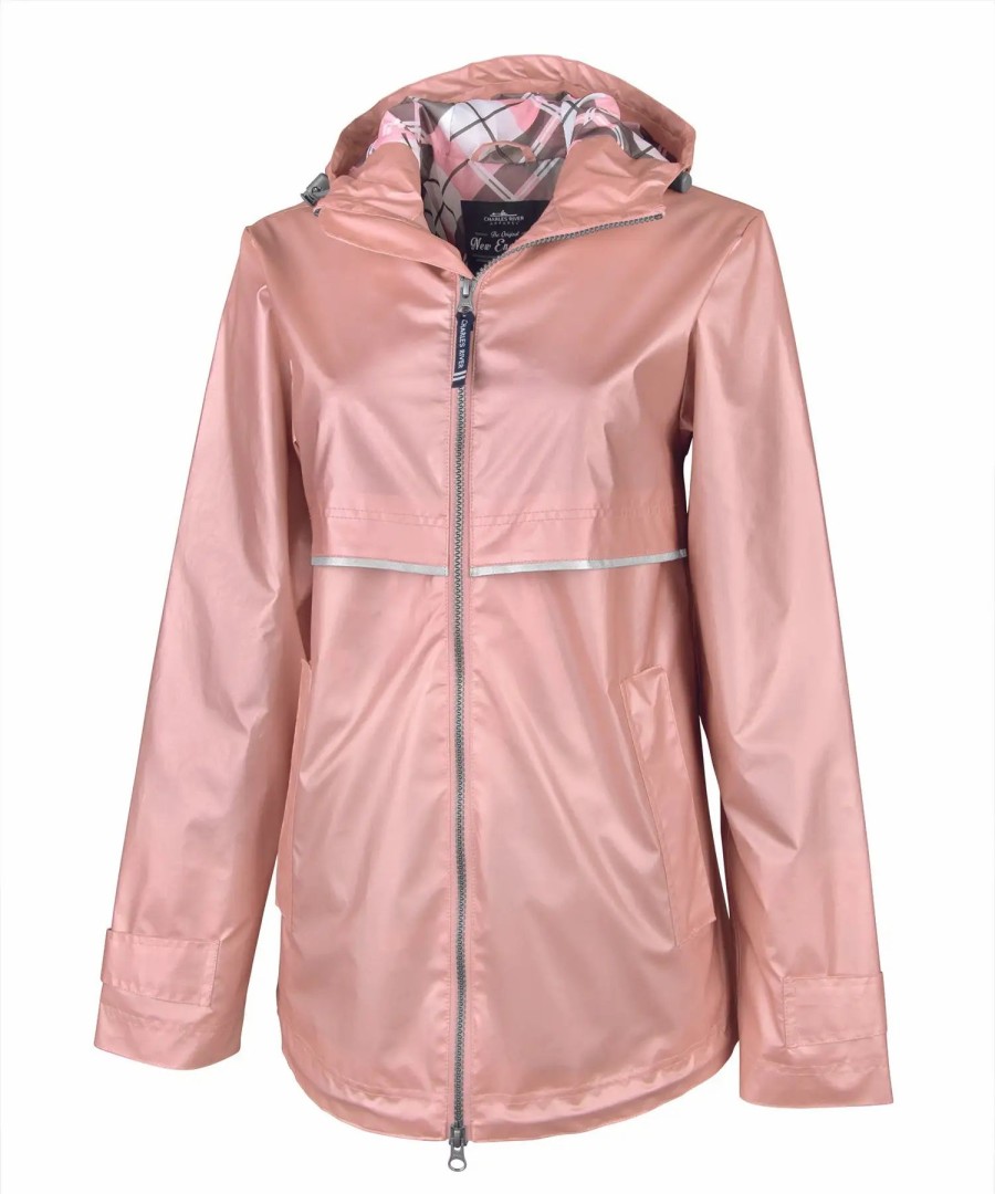 Jackets & Vests * Charles River Women'S N.E. Rain Jacket Print Lining Rose Gold/Plaid