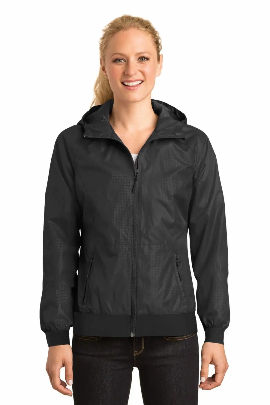 Jackets & Vests * Sport-Tek Women'S Embossed Hooded Wind Jacket Lst53